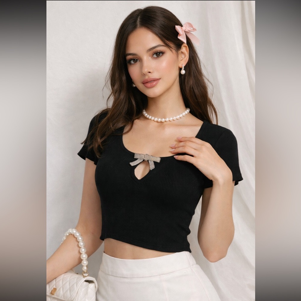 The Workshop Black Ribbed Bow Top | Coquette Y2K Keyhole Blouse